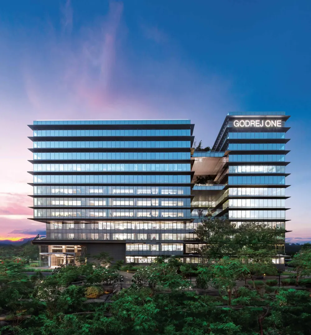 Godrej One, the Godrej headquarters at Vikhroli, at dusk