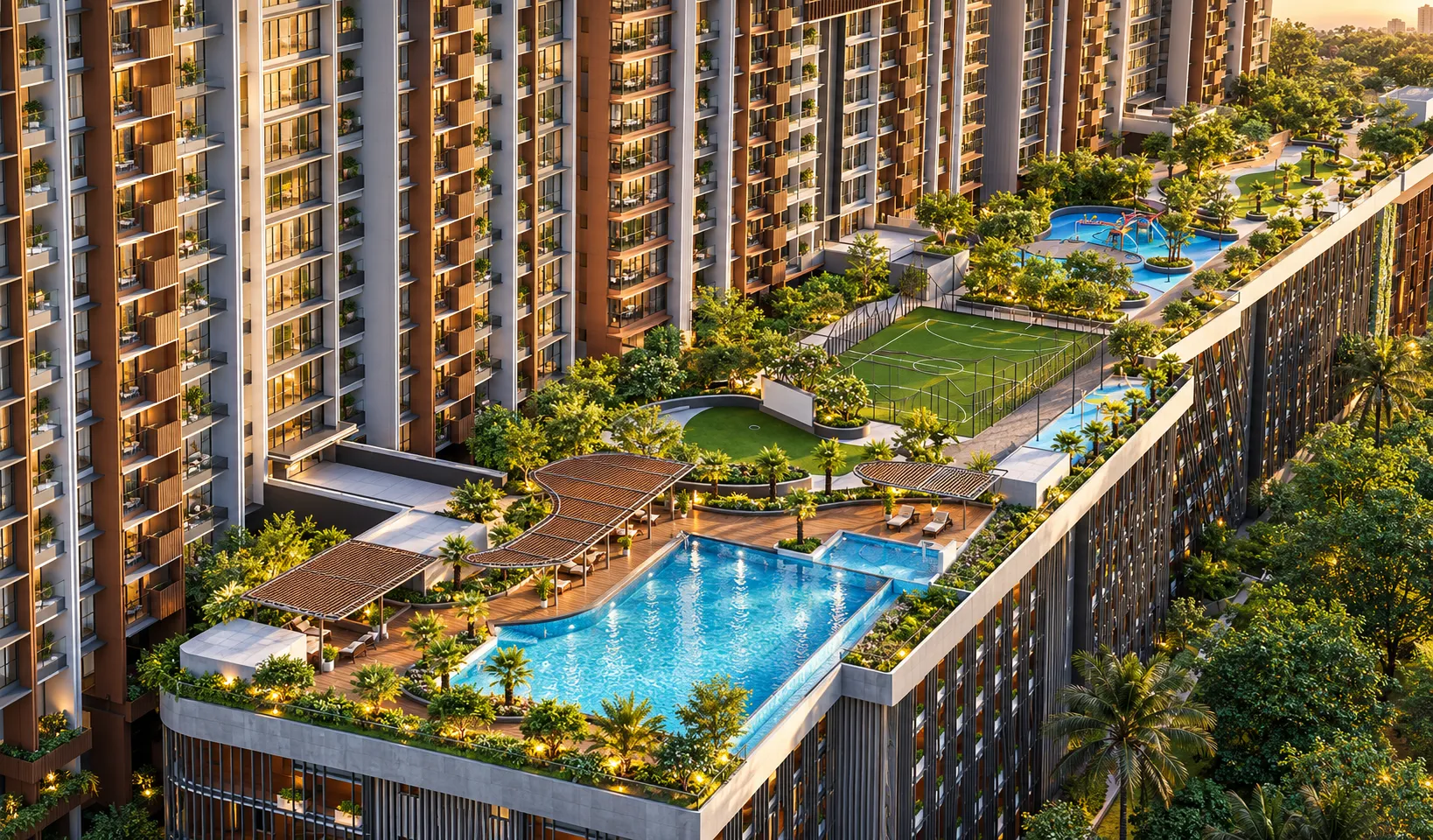 Podium top with pool, futsal court and lawns