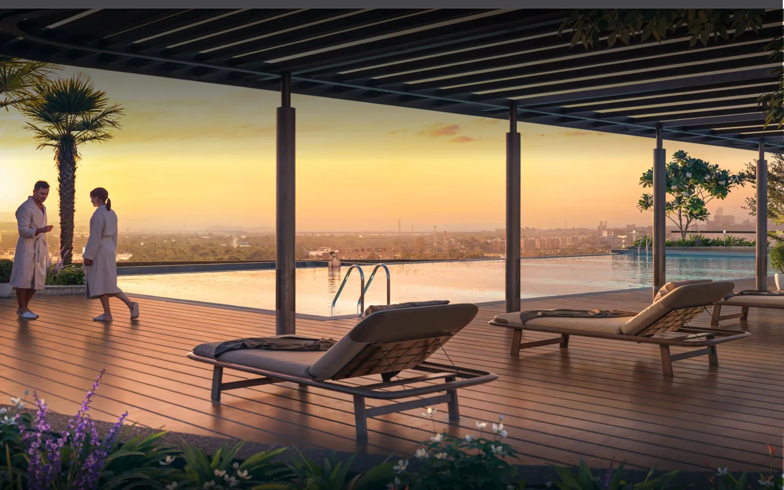 Pool deck with loungers at sunset