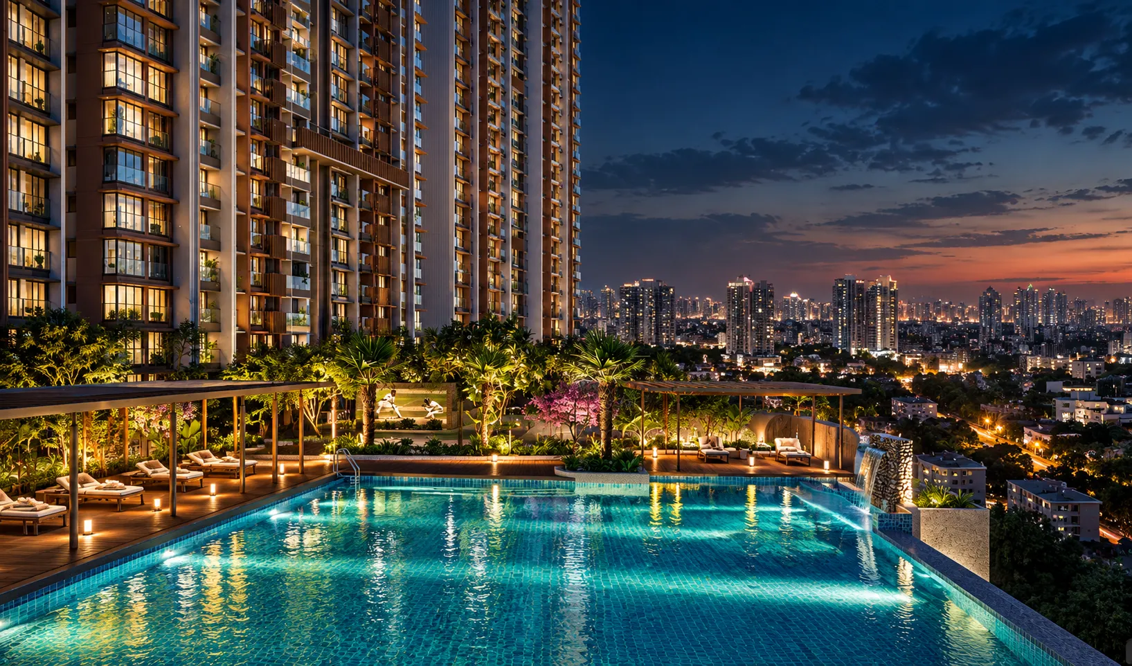 The podium pool lit at twilight beside the towers